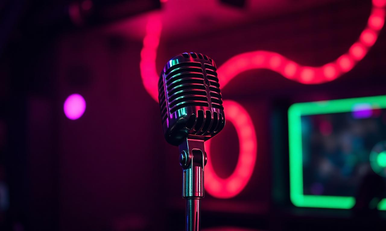 Vintage microphone under neon lights at Tech & Tunes karaoke night